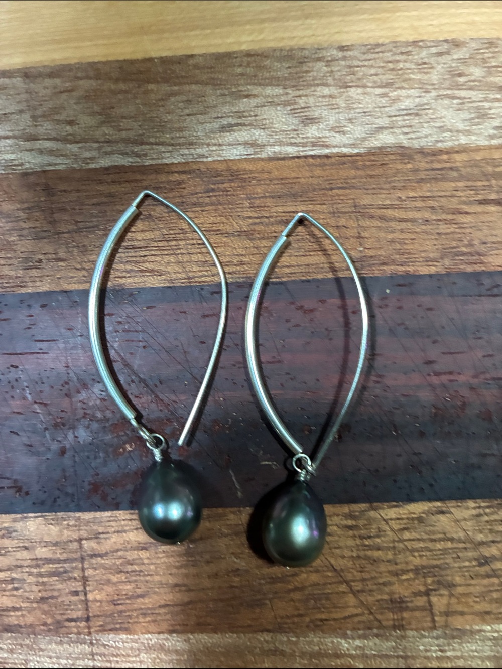 Sterling Teardrop Hoop Earrings with Black Pearl Drops